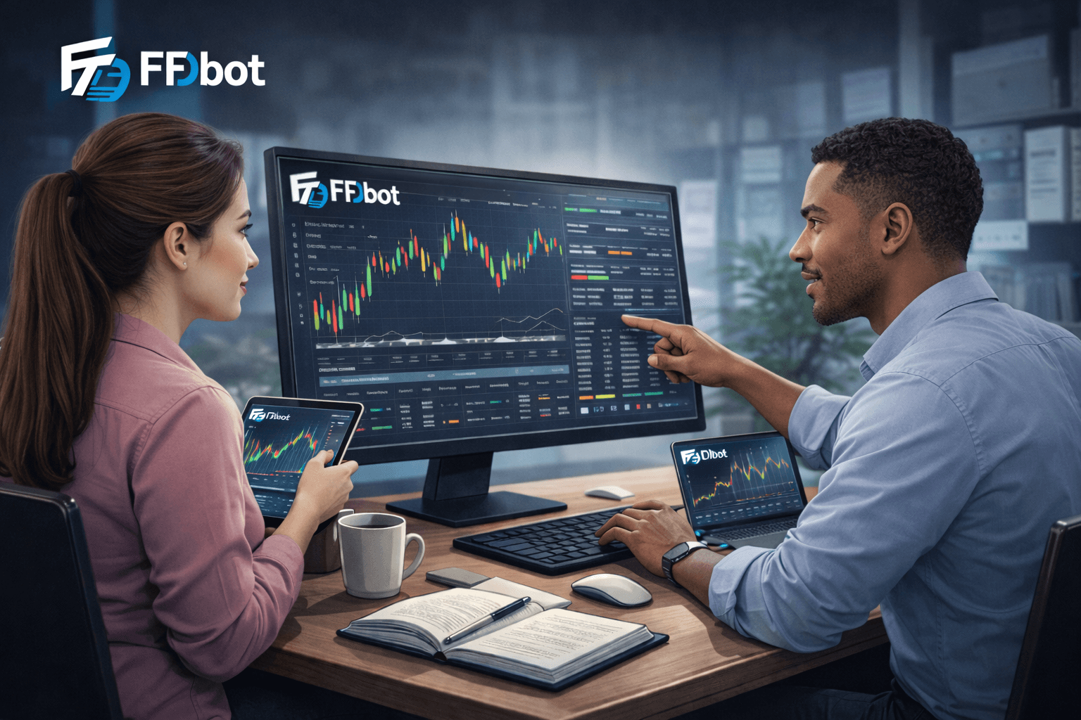 People reviewing trading performance with FFDbot